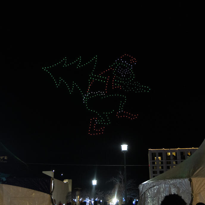 Drone show over City Center at Oyster Point