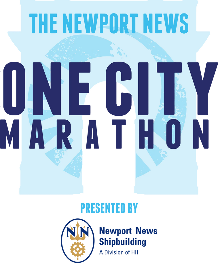 The Newport News One City Marathon Logo followed by the words "Presented by" and the Newport News Shipbuilding logo